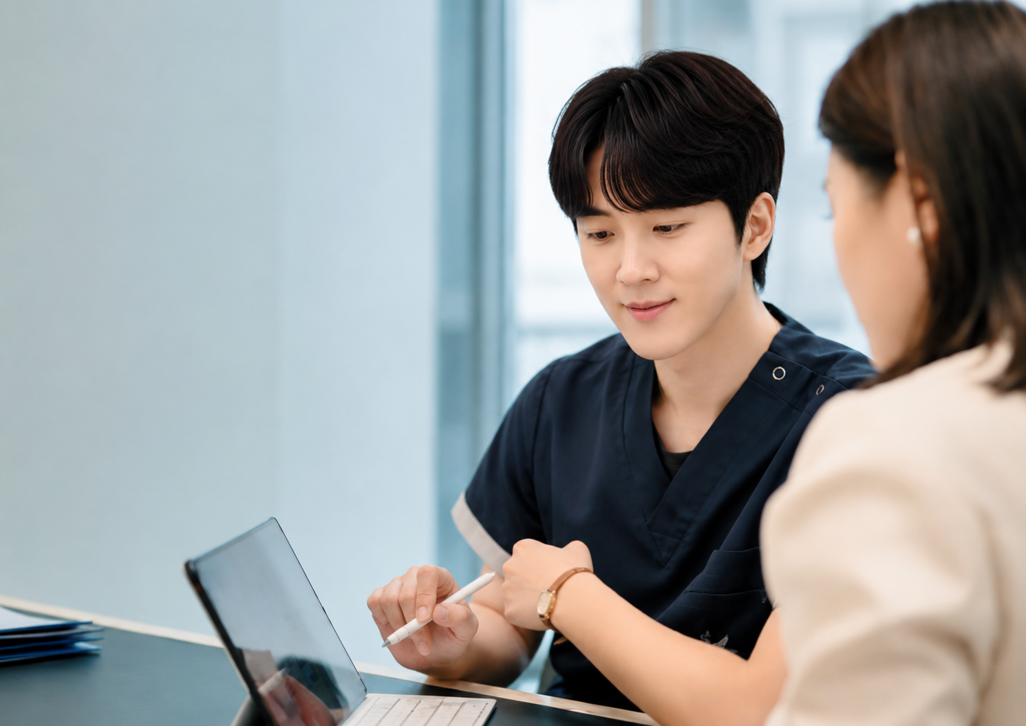 Dermatology clinic Skincare consultation Glowing skin patient Touching cheek Dermatologist and patient