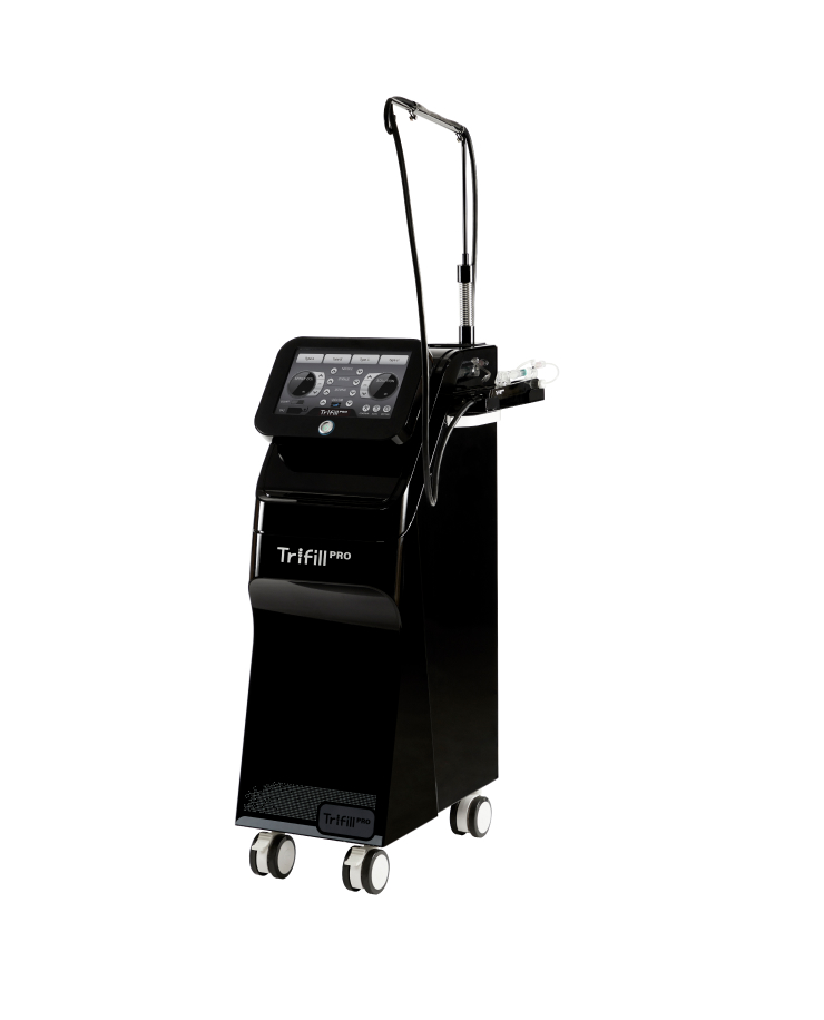 トリフィルプロ（Trifill PRO）CO₂サブシジョン薬剤注入機器の正面、タッチスクリーンとハンドピースアーム