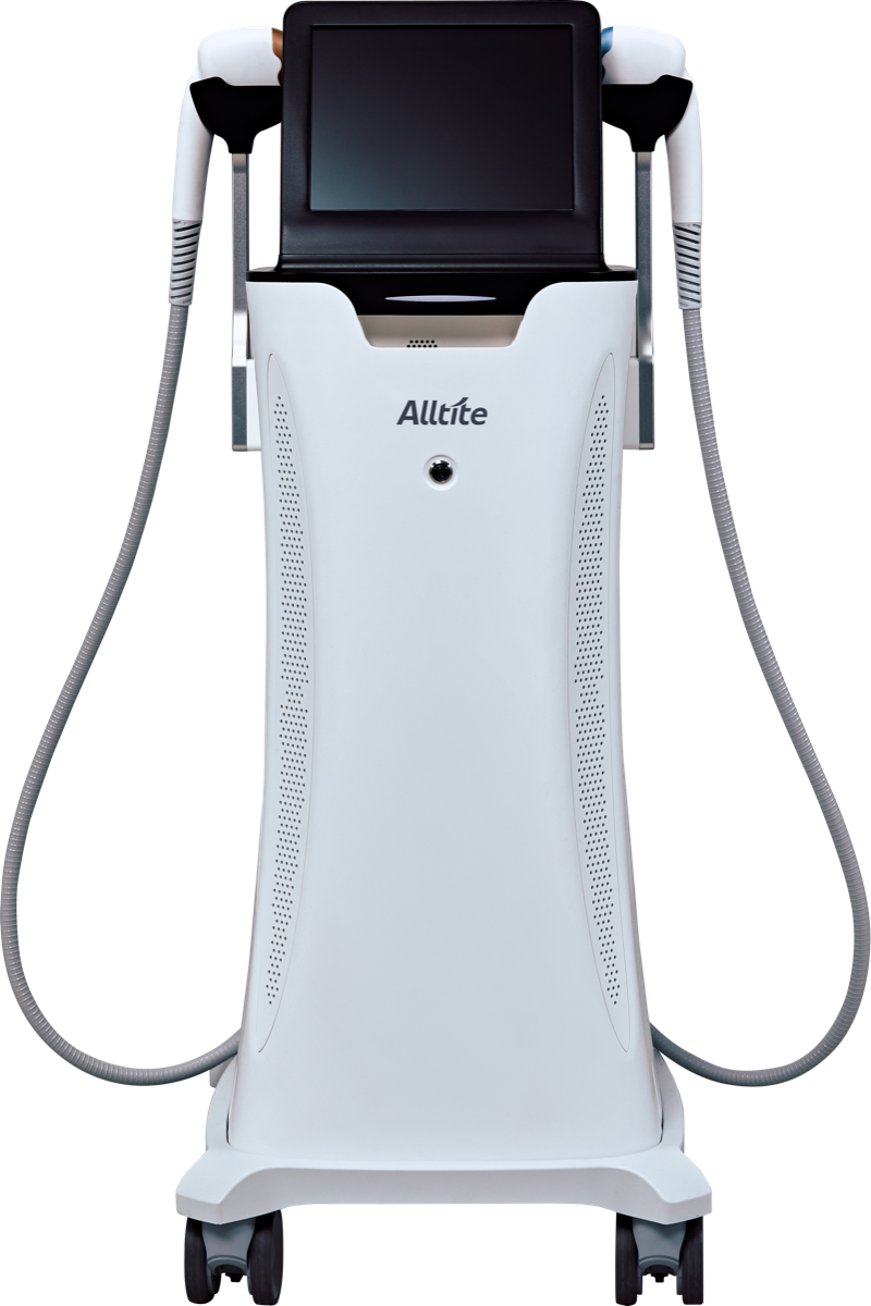 オールタイト（Alltite）集中短波リフティング機器の正面、2本のハンドピース付き白い本体