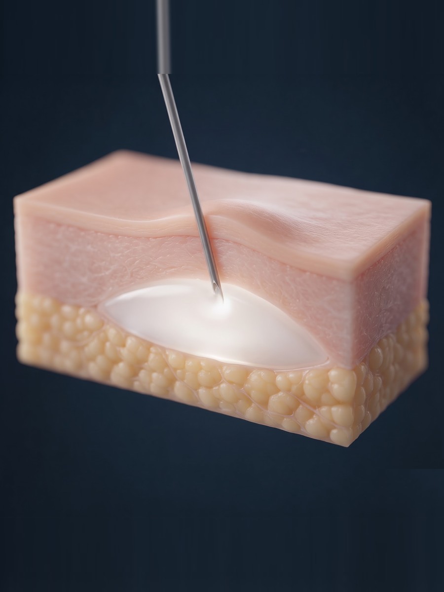 剥離した真皮下の空間にPLLA（オリディアマヨ）を注入する皮膚断面の3Dイラスト