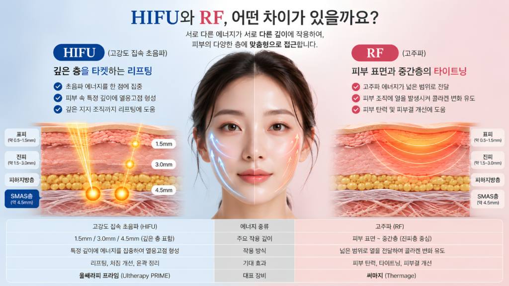 신논현피부과 닥터뉴셀의원 울쎄라피 프라임 HIFU와 써마지 FLX RF의 에너지 작용 깊이 및 리프팅 원리 비교