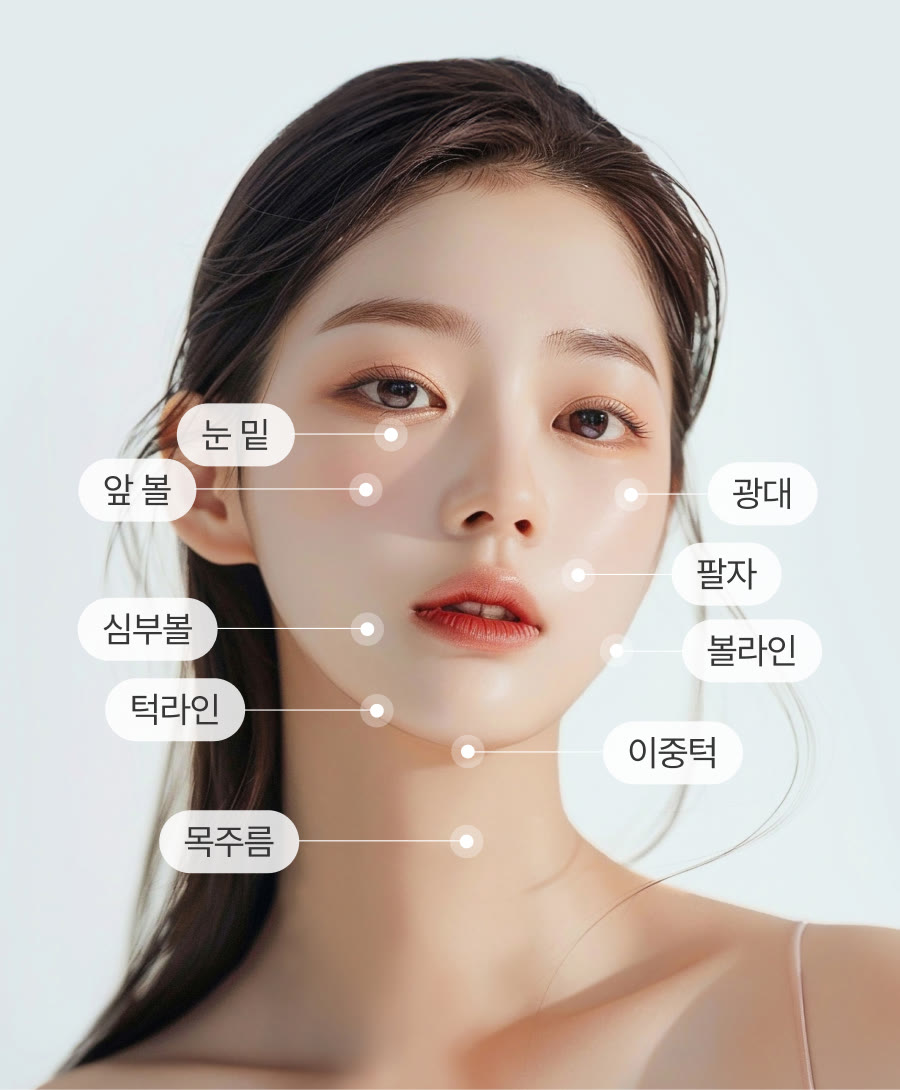 올타이트 시술 부위 얼굴맵: 눈 밑, 앞 볼, 광대, 팔자, 심부볼, 불라인, 턱라인, 이중턱, 목주름 위치를 점으로 표시한 여성 얼굴 일러스트