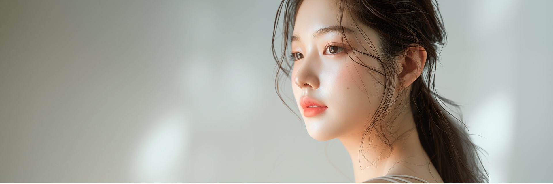 맑고 윤기 있는 피부의 여성 옆모습, 따뜻한 베이지 톤 배경