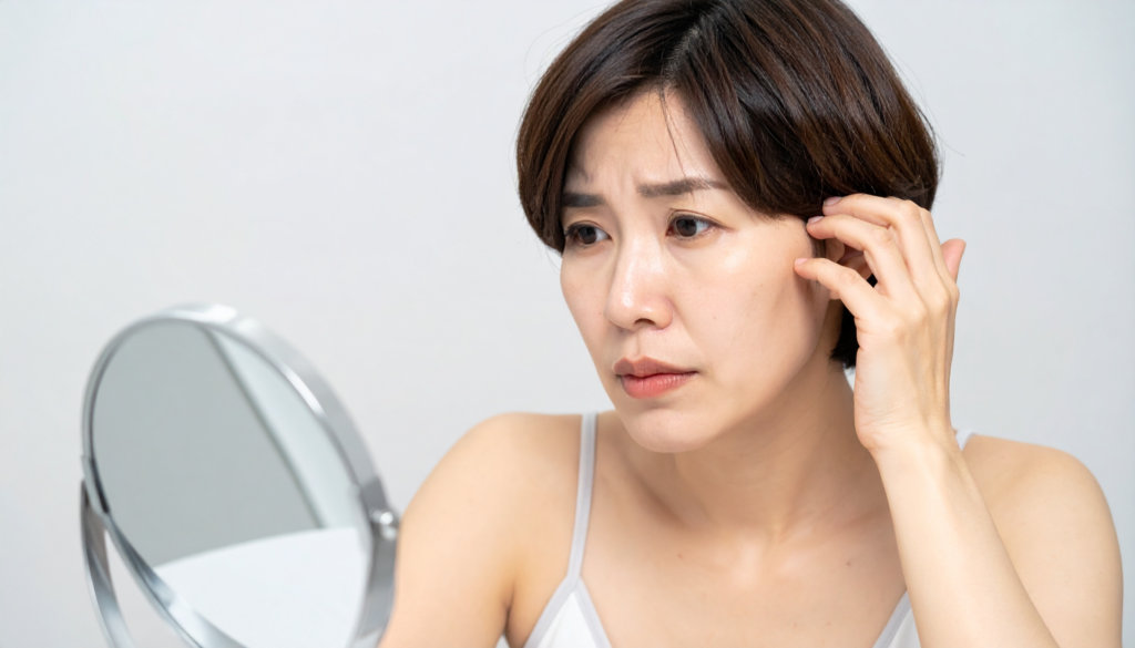 신논현피부과 닥터뉴셀의원 리프팅 칼럼, 거울을 보며 눈가와 볼 주변 피부 처짐 및 탄력을 고민하는 중년 여성 이미지