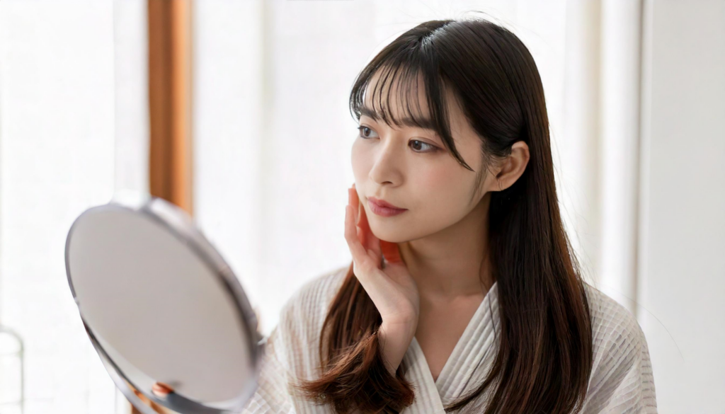 신논현피부과 닥터뉴셀의원 리프팅 칼럼, 거울을 보며 볼과 페이스라인의 피부 탄력을 확인하는 여성 이미지