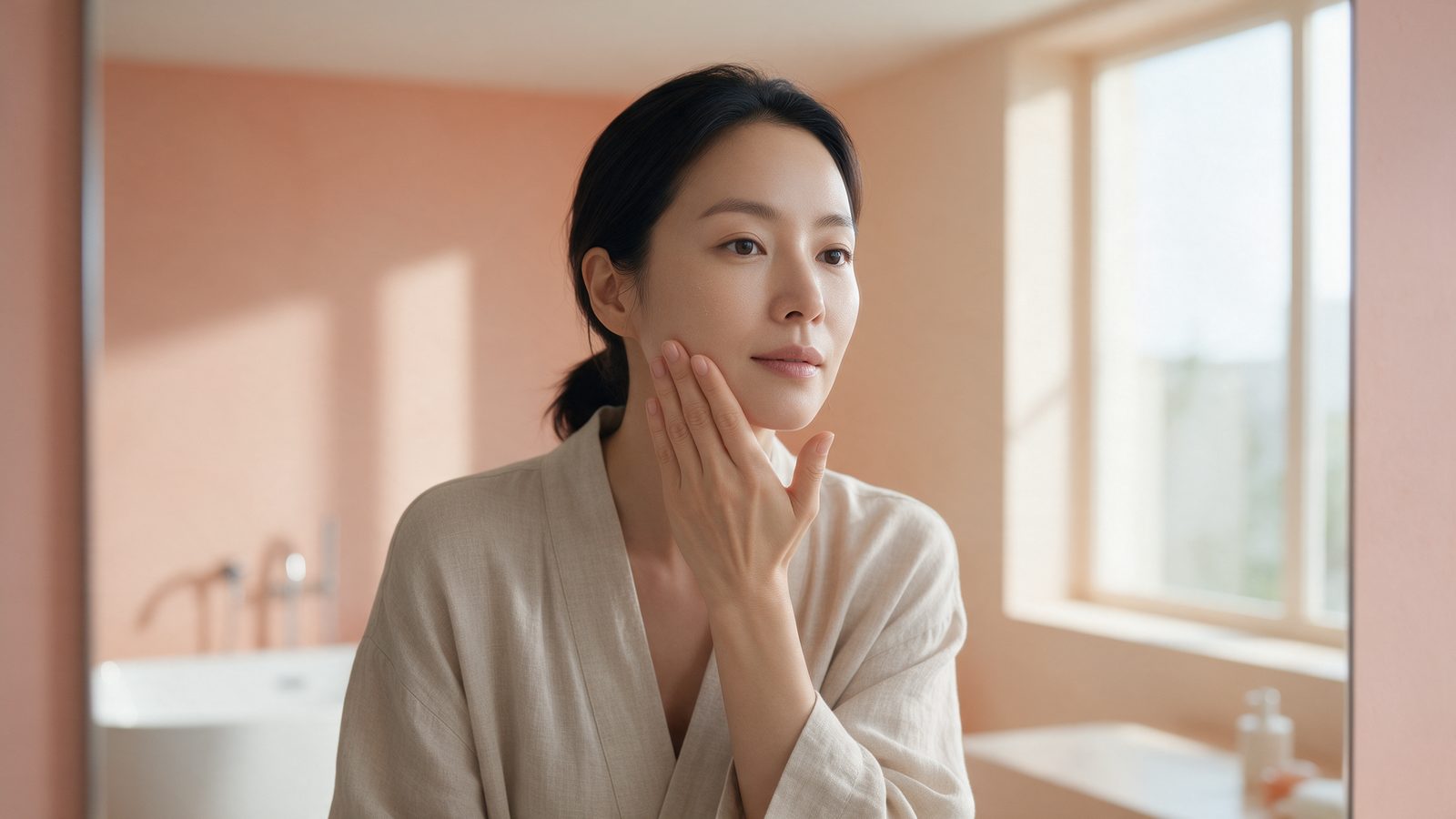 아침 거울 앞에서 건조하고 얇아진 볼 피부를 만져 보는 30대 후반 여성의 연출 이미지