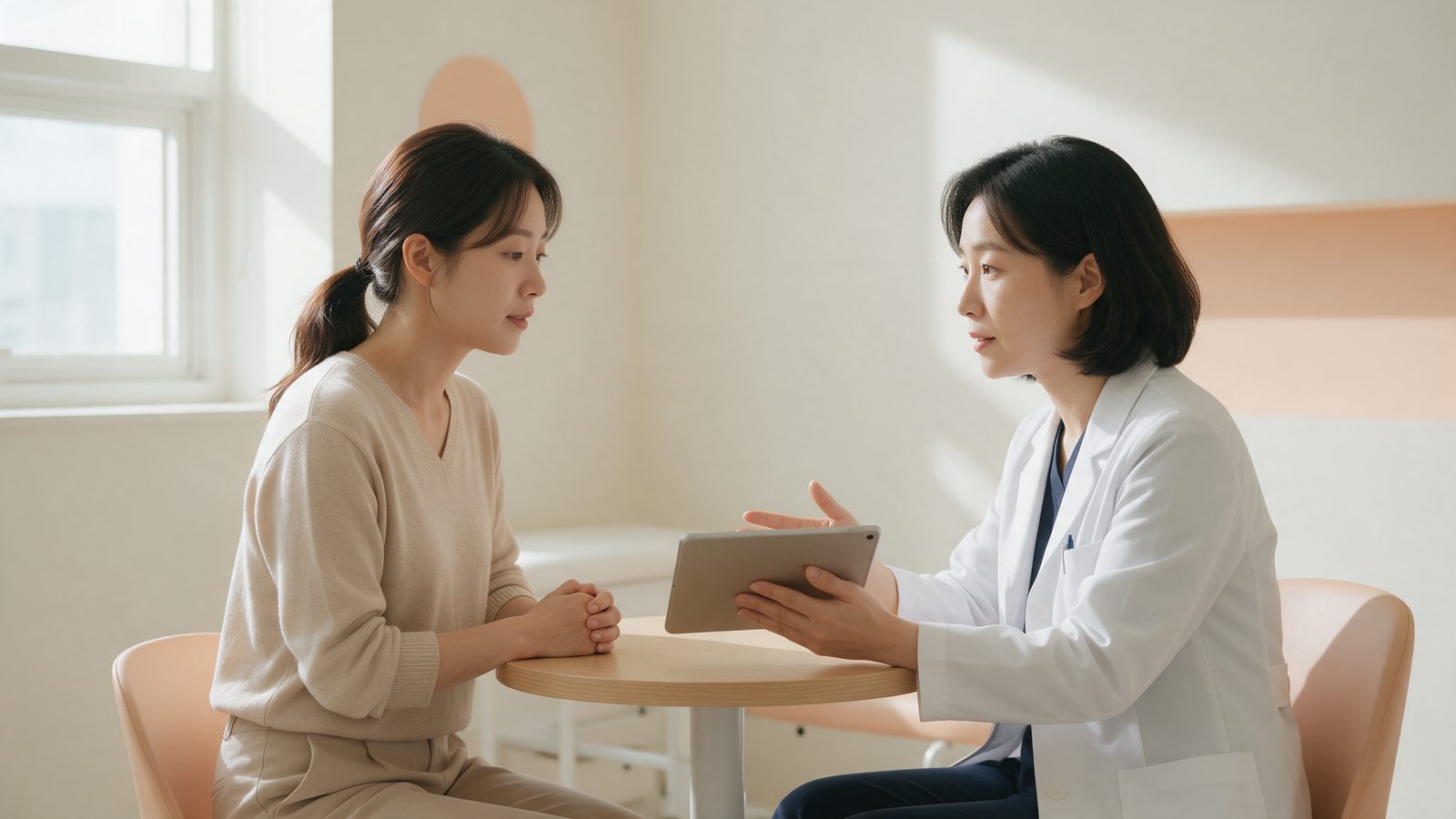 밝은 상담실에서 의사가 태블릿을 보여 주며 환자에게 설명하는 연출 이미지