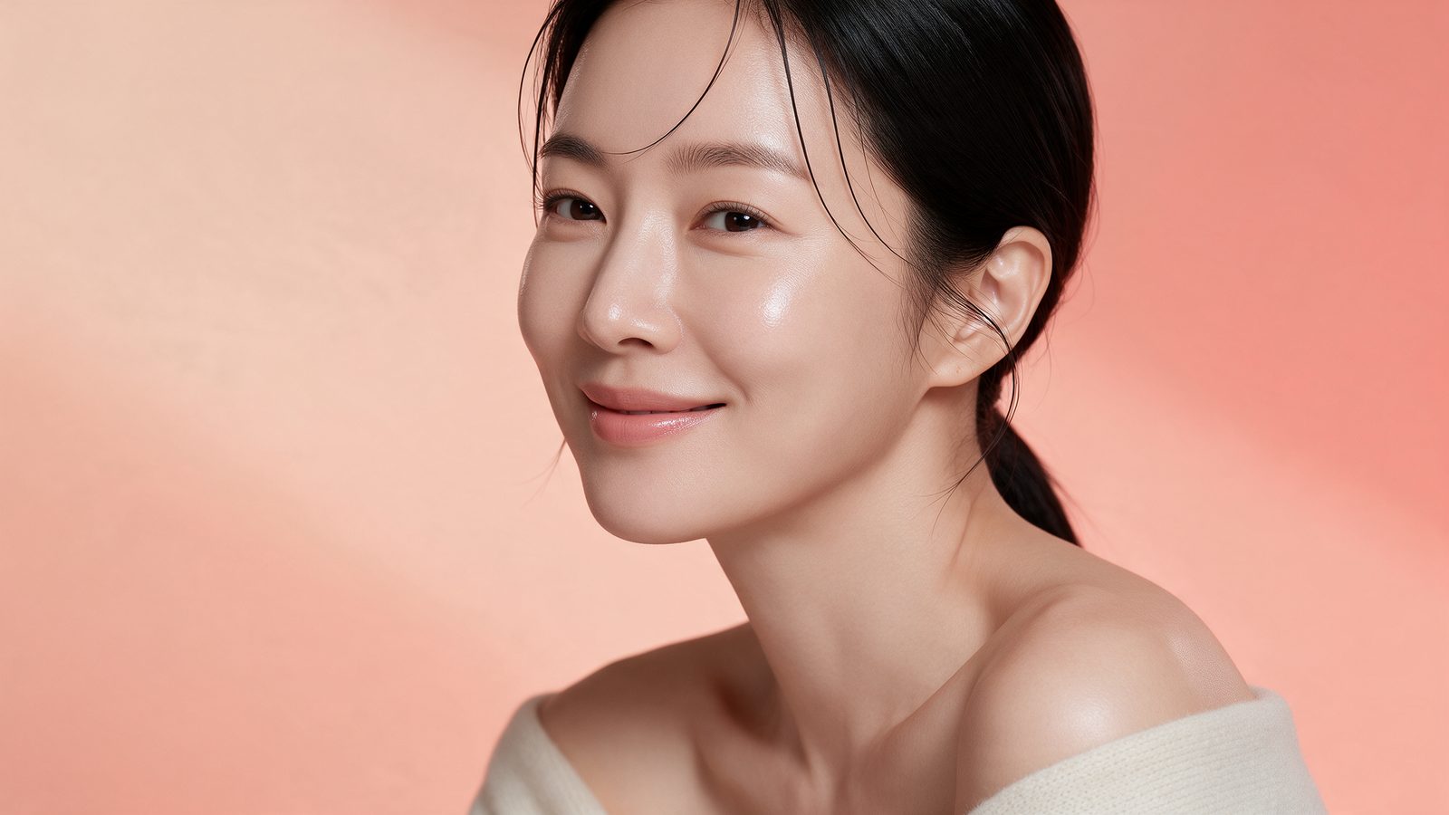건강하고 촉촉한 피부의 40대 한국 여성, 코랄빛 배경의 연출 이미지