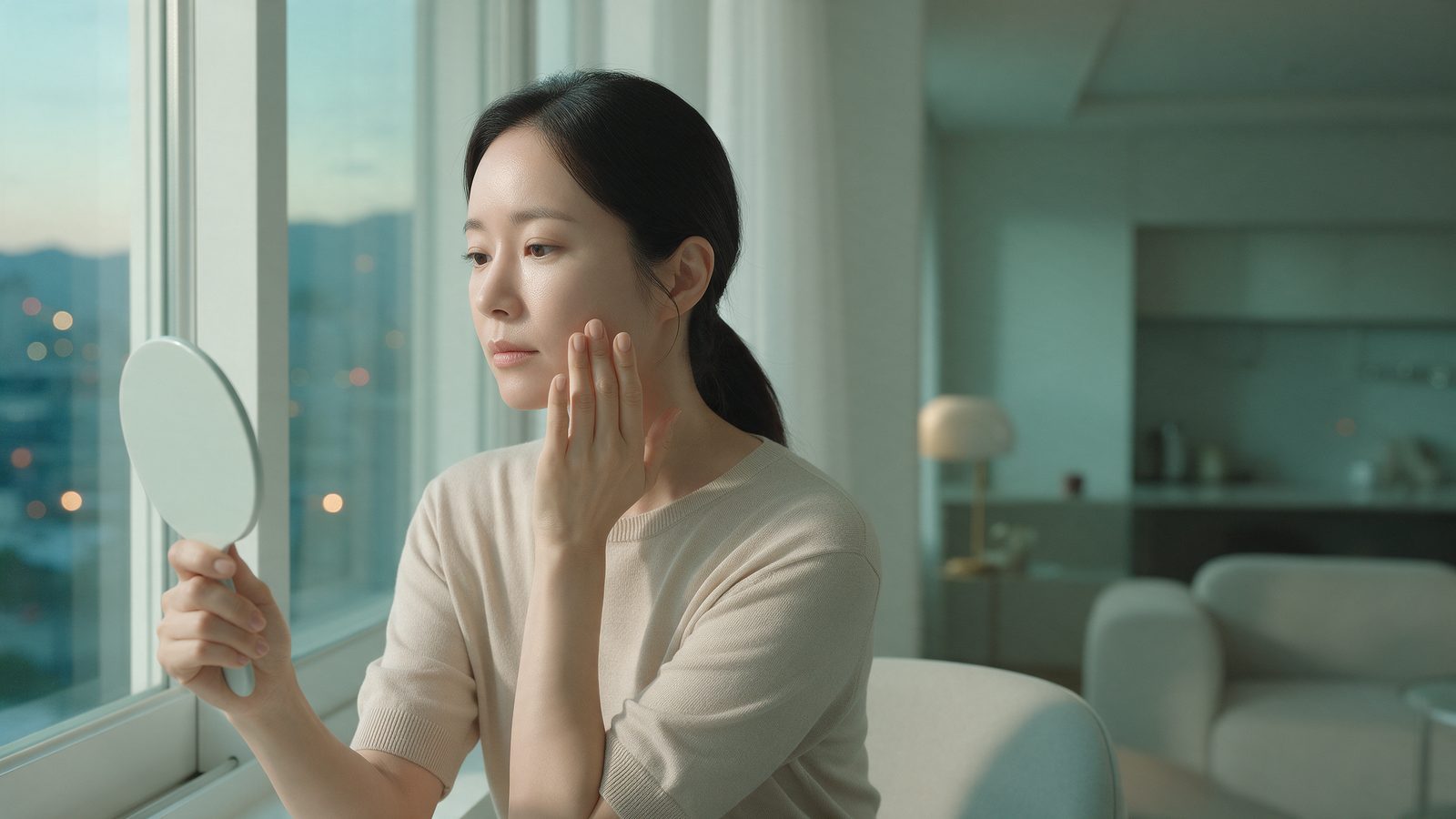 저녁 창가에서 손거울을 들고 볼 피부결을 만져 보는 30대 직장인 여성의 연출 이미지(AI 생성)