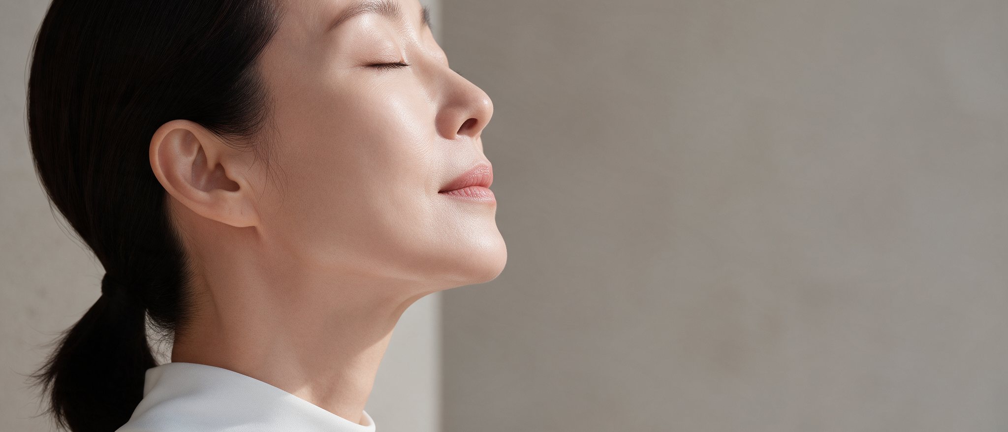 고개를 살짝 든 50대 여성의 옆모습, 정돈된 턱선과 목선