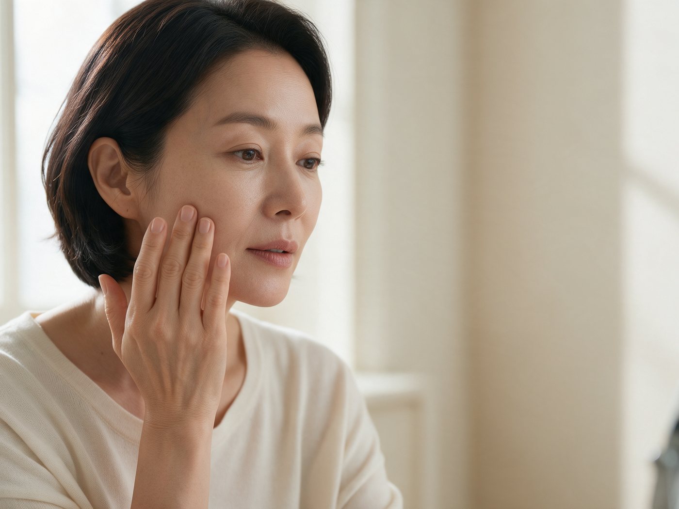 광대 아래와 턱선을 손끝으로 짚어 보는 40대 후반 여성